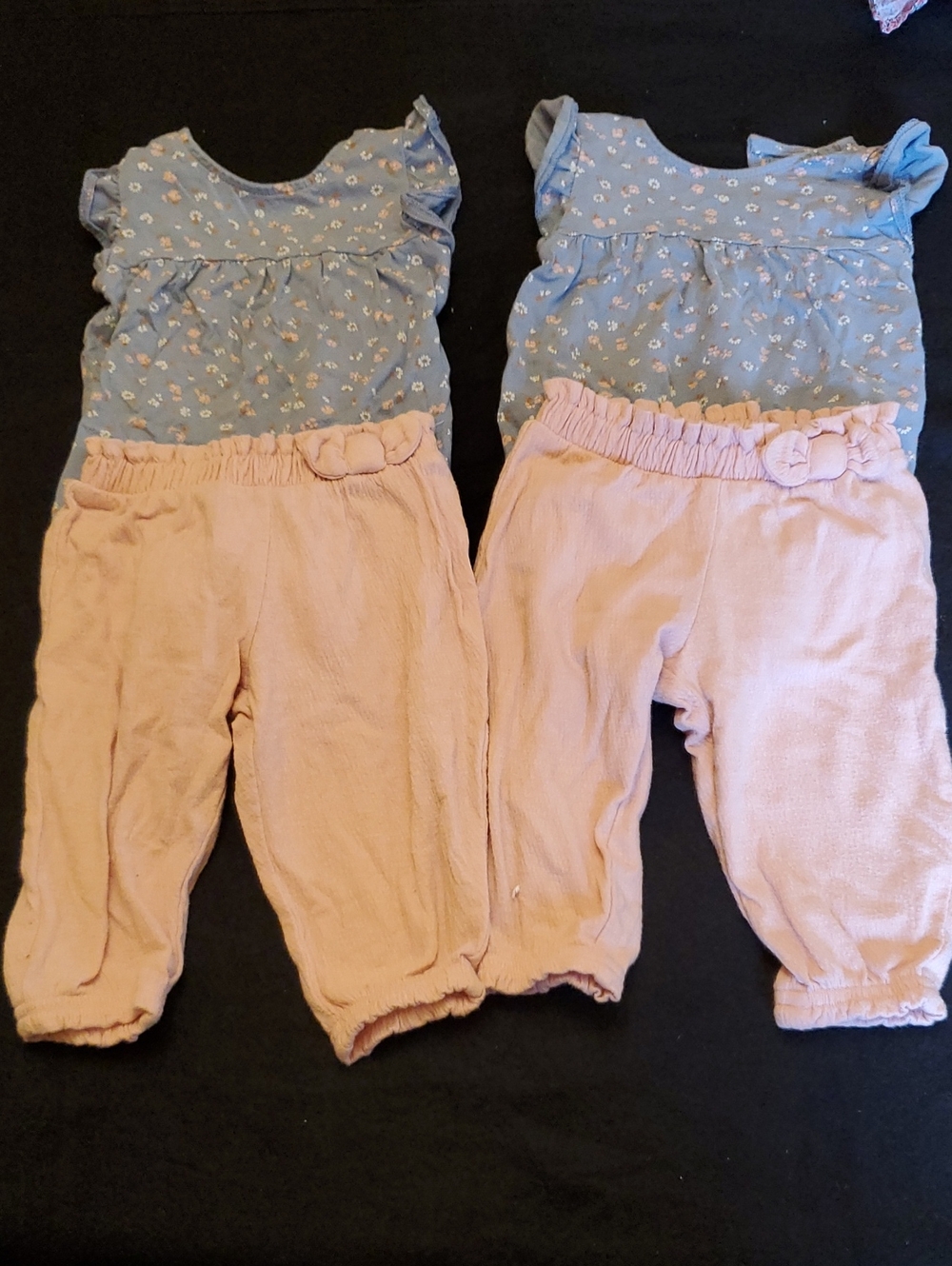 Two (Twin) Pink Cotton Elastic-Waist Pants with Blue Floral Top